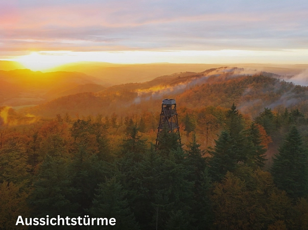 Aussichtstürme.jpg Zu sehen ist eine Luftaufnahme des Ebersnackenturmes. Eines Turm aus Holz gebaut, der über die Baumkronen des Voglers ragt. Rund um den Turm stehen Bäume. Im Hintergrund legt sich der Nebel über das Tal. Links ist die gerade aufgehende Sonne zu sehen. © SVR/M. Sprödefeld