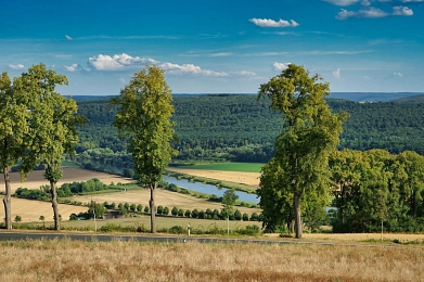 Auf dem Bild ist der Blick von den 13 Kurven von Ottenstein in Richtung Brevörde/Grave zu sehen. Im vorderen Bereich verläuft horizontal die Straße, an dieser stehen Bäume. Im Hintergrund ist die Landschaft sowie die Weser zu sehen. In der Ferne sind die Wälder rund um den Vogler zu sehen.&nbsp;&copy;&nbsp;Samtgemeinde Bodenwerder-Polle - Rolf Sander