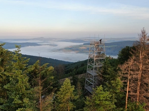Auf dem Bild ist eine Luftaufnahme des Bodoturmes zu sehen. Im Hintergrund schlängelt sich ein mit Nebel bedecktes Tal zwischen den Gebirgszügen durch. Oben auf dem Stahlturm ist eine Person zu sehen, die winkt.&nbsp;&copy;&nbsp;CC 0: SVR/M. Sprödefeld