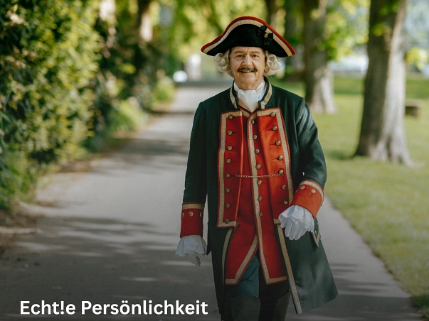 Zu sehen ist ein Darsteller des Baron von Münchhausen in seiner Uniform, der an der Weserpromenade entlang spaziert. Er trägt eine dunkelgrüne Hose sowie Jacke mit roten und goldenen Details an den Ärmeln und vorne. Darunter trägt er eine rote Weste. Zudem hat er einen schwarzen Dreispitz mit rot7goldener Kante auf dem Kopf. Zudem weiße Handschuh sowie ein weißes Tuch am Hals. Er geht direkt auf die Kamera zu und lächelt freundlich. Im Hintergrund sind grüne Büsche und Bäume zu sehen.&nbsp;&copy;&nbsp;SVR/SpiekerFotografie, CC BY, Solling-Vogler-Region