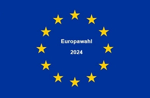 Es ist die Europaflagge (blauer Hintergrund mit 12 gelben Sternen in einem Kreis) abgebildet. In der Mitte des Sternenkreises steht in weißer Schrift Europawahl 2024.&nbsp;&copy;&nbsp;Samtgemeinde Bodenwerder-Polle