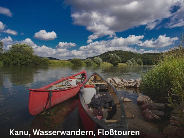 Im Vordergrund liegen ein rotes und ein schwarzes Kanu am Weserufer. Im Hintergrund sind die Weser sowie Bäume und Gräser zu sehen.&nbsp;&copy;&nbsp;Samtgemeinde Bodenwerder-Polle/Rolf Sander