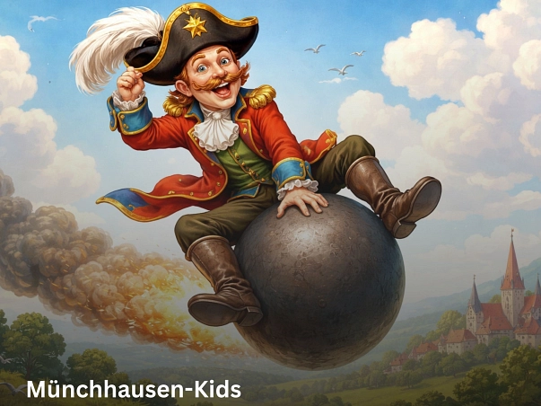 Zu sehen ist eine Zeichnung eines Baron von Münchhausen, der auf der Kugel fliegt. Erträgt eine rote Uniform mit brauner Hose und Stiefeln sowie einen Hut mit Feder. Erhält sich mit seiner linken Hand an der Kugel und der rechten seinen Hut fest. Dabei blickt er lachend in die Kamera.
im Hintergrund sind ein Feuerstrahl sowie Rauch von der Kugel zu sehen. Er fliegt über ein grün bewachsenes Tal mit einer Burg auf der rechten Seite.&nbsp;&copy;&nbsp;KI-generiert
