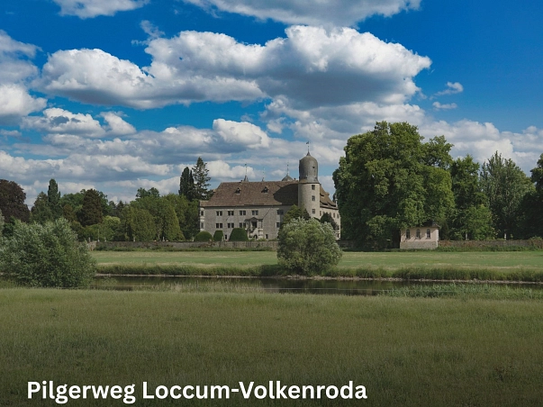 Pilgerweg Loccum-Volkenroda.jpg Das Wasserschloss Hehlen ist ein für Repräsentationszwecke erbautes Wasserschloss, welches als eines der ersten Schlösser im Stil der Weserrenaissance gilt.
Das Schloss wurde von 1579 bis 1584 vom Obristen Fritz von der Schulenburg und seiner Ehefrau Ilse von Saldern erbaut. Bis 1956 blieb es im Besitz der Nachkömmlinge von der Schulenburg. 1958 erwarb es der Inhaber des hannoverschen Unternehmens „Machwitz Kaffee“, in dessen Familienbesitz das Schloss sich noch heute befindet.
Das Weserrenaissance Schloss Hehlen liegt nordöstlich vom Dorfe an der Weser und ist von einem Wassergraben umgeben. Der fast schmucklose Vierflügelbau um einen quadratischen Hof hat zwei achteckige Treppentürme in den gegenüberliegenden Binnenwinkeln. Drei Stockwerke aus ursprünglich verputztem Kalkbruchstein mit regelmäßig gereihten und gekuppelten Fenstern und hohe Walmdächer, in Sollingplatten eingedeckt, mit breiten Schleppluken und Gauben, prägen den Bau. © Samtgemeinde Bodenwerder-Polle/Rolf Sander