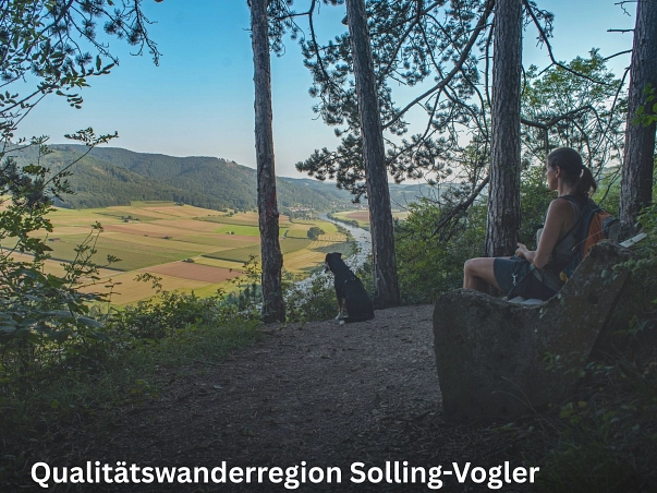 Qualitätswanderegion Solling-Vogler.jpg Zu sehen ist eine Wanderin im Seitenprofil, die auf der rechten Seite des Bildes auf einer Bank sitzt. Sie ist umgeben von Bäumen und sitzt geschützt im Dickicht. Vor ihr sitzt ein Hund. Beide schauen in die Ferne und auf die Weser, welche im linken Teil des Bildes zu sehen ist. © CC BY SA_SVR_www.mitzkat.de