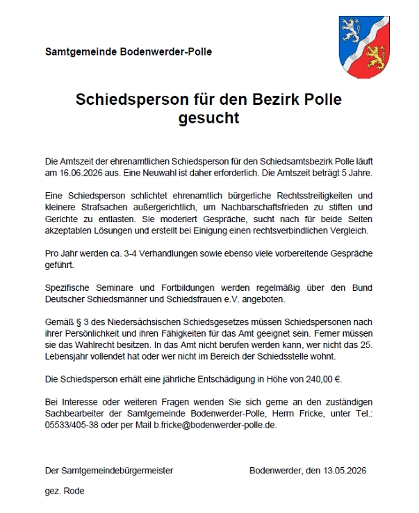 Bezirk Polle Schiedsamt&nbsp;&copy;&nbsp;Samtgemeinde Bodenwerder-Polle