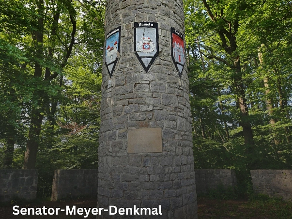 Senator-Meyer-Denkmal.jpg Zu sehen ist ein Teil des bisherigen Senator-Meyer-Denkmals, der "Zigarre" mit den Wappen der beteiligten Kommunen. Das Denkmal ein ein gerader, runder Turm aus Stein. Im Hintergrund ist der dahinterliegende Wald zu sehen. © Samtgemeinde Bodenwerder-Polle/LeoDesign