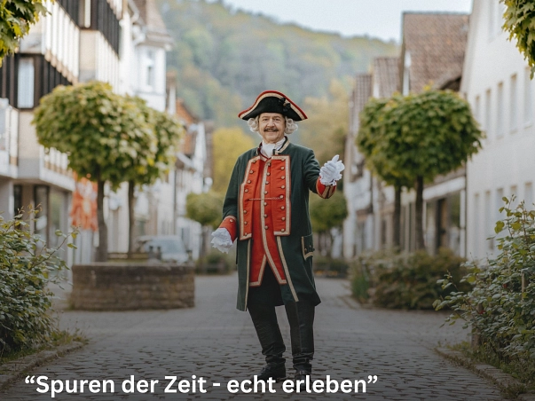 Spuren der Zeit.jpg Zu sehen ist ein Münchhausen-Darsteller, der eine dunkelgrün/rote Uniform mit schwarzen Stiefeln sowie einen Dreispitz trägt. Dieser hält die Hände in einladender Geste vor dem Körper und blickt freundlich in die Kamera. er steht in der Fußgängerzone Bodenwerder, sodass die Gebäude rechts und links hinter ihm zu sehen sind. Zudem sind einzelne Kugelbäume sowie Beete zu sehen. © CC BY SVR_SpiekerFotografie