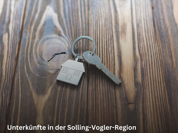 Unterkünfte SVR.jpg Zu sehen ist eine Oberfläche aus dunklem gemusterten Holz. Darauf liegt ein Schlüssel, der zusammen mit einem kleinen silbernen Anhänger, der ein haus darstellt, an einem Schlüsselring hängt. © Freepik
