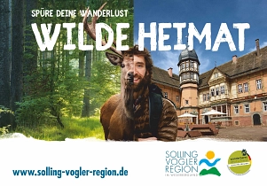Das Bild stellt das Werbebild der Solling-Vogler-Region dar und soll die Vielfalt der Region zeigen. Das Bild im oberen Bereich ist zweigeteilt. Auf der linken Seite ist ein Wald mit grünen Bäumen und Büschen im Hintergrund zu sehen. Auf der rechten Seite dieses Bildteiles ist ein halber Hirsch mit großem Geweih zu sehen. Hinter dem Hirsch fällt die Sonne in den dichten Wald. Auf dem rechten Teil des Bildes ist im Hintergrund ist der Innenhof des Schloss Bevern zu sehen. Links davon schließt sich an den halben Hirsch eine halbe Frontansicht eines Mannes mit braunen Haaren sowie einer braunen Steppjacke und einem schwarzen Gurt eines Rucksacks an. Der halbe Hirsch und der halbe Mann sind so zusammengefügt, dass sie eine Einheit ergeben. Auf der linken Bildhälfte steht "SPÜRE DEINE WANDERLUST". In größer und über das gesamte Bild steht "WILDE HEIMAT". Nach unten ist das Bild mit einer verwaschenen Kante abgeschnitten. Dieser Bereich ist weiß und beinhaltet auf der linken  Seite in blauer Schrift "www.solling-vogler-region.de" sowie auf der rechten Seite das Logo der Solling-Vogler-Region im Weserbergland sowie das Logo der Qualitätsregion Wanderbares Deutschland.&nbsp;&copy;&nbsp;Solling-Vogler-Region im Weserbergland e.V.