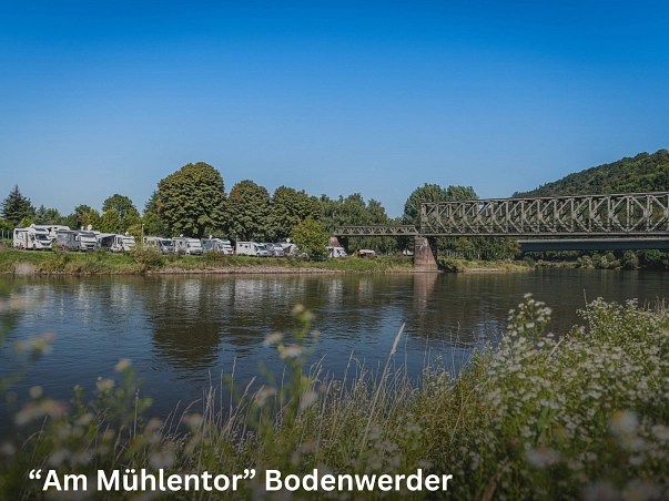 Zu sehen ist der Wohnmobilstellplatz Bodenwerder von der anderen Weserseite aus. Im Vordergrund sind einige weiße Blüten zu sehen. Dann blickt man über die Weser Dort stehen an der Weserpromenade einige Wohnmobile. Rechts im Bild ist eine alte Eisenbahnbrücke zu sehen.&nbsp;&copy;&nbsp;Münchhausenstadt Bodenwerder/Thomas Göbert